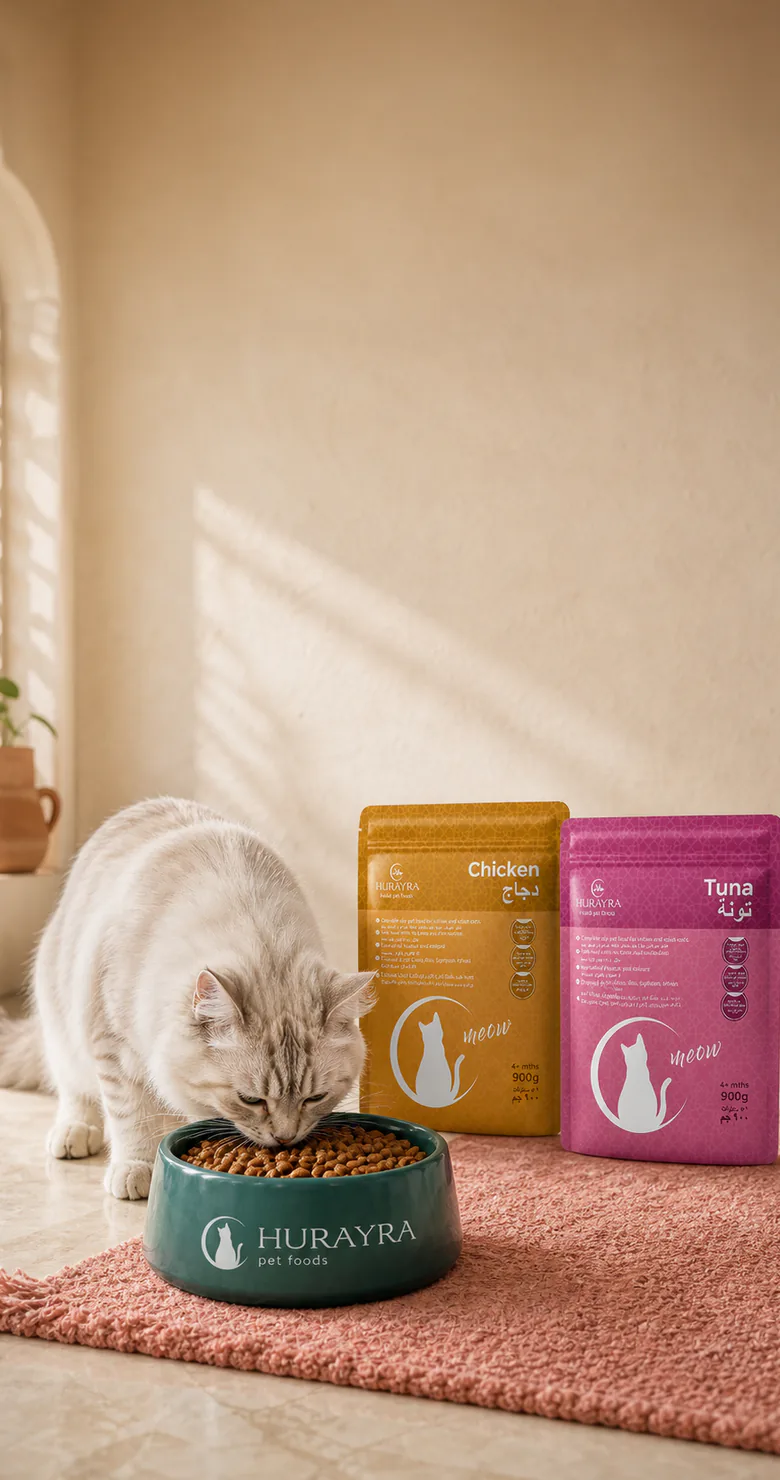 A lean fluffy cream-and-white cat eating Hurayra halal food from a branded bowl in a bright UAE home.